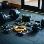 A home gym setup with weights, resistance bands, and a jump rope. A circuit layout with designated stations for different exercises