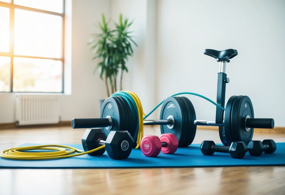 A home gym setup with weights, resistance bands, and cardio equipment like a jump rope and exercise mat, set in a bright, open space