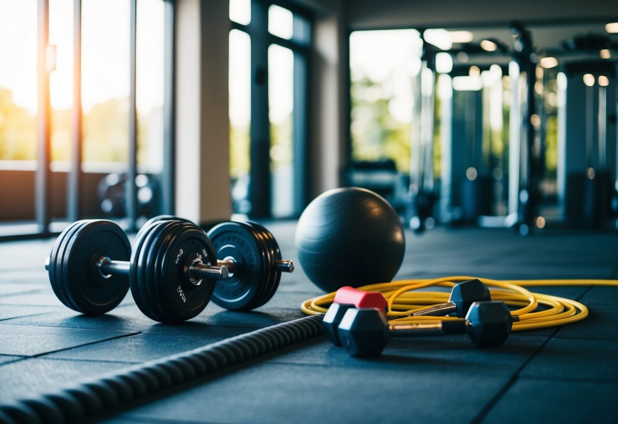 A home gym setup with dumbbells, resistance bands, and a jump rope, surrounded by a spacious area for circuit training