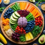 A colorful array of brain-boosting superfoods arranged on a wooden cutting board, surrounded by fresh ingredients and kitchen utensils