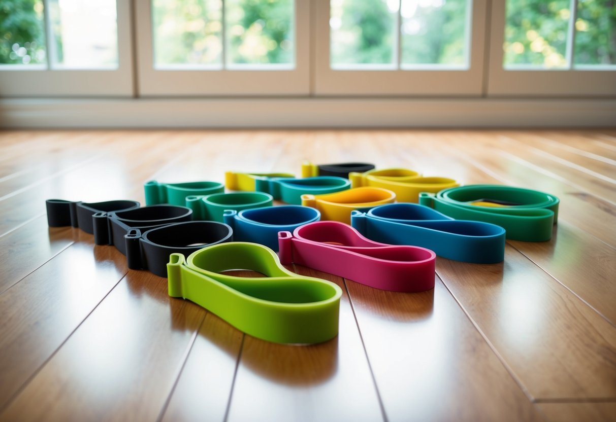 A colorful array of resistance bands arranged on a clean, wooden floor, with a bright window casting natural light across the room