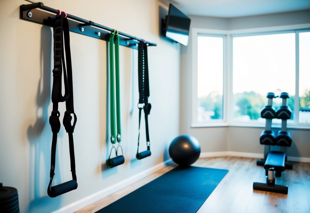 A well-lit home gym with resistance bands hanging on a wall-mounted rack. A yoga mat and various workout equipment are neatly organized nearby