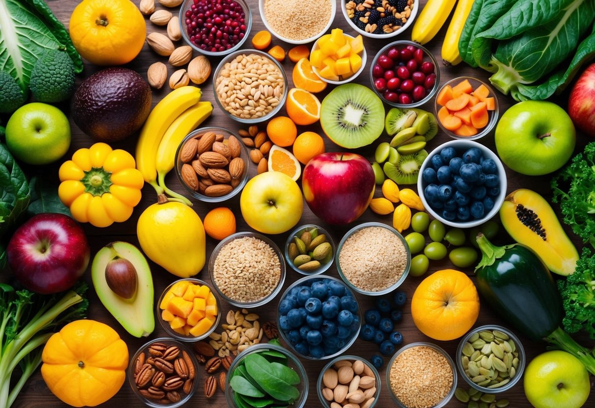 A colorful array of fresh fruits, nuts, seeds, and whole grains arranged on a wooden table, surrounded by vibrant green leafy vegetables and a variety of superfoods