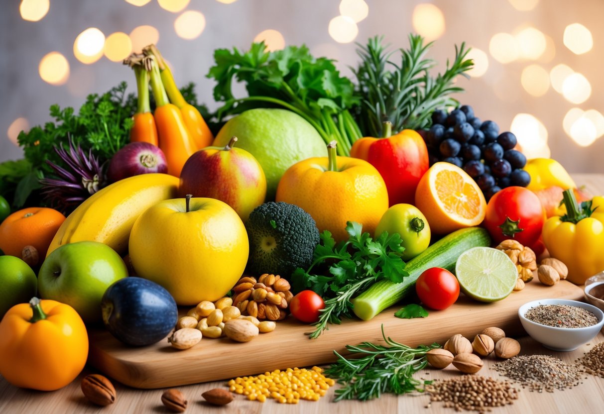 A colorful array of fresh fruits, vegetables, nuts, and grains arranged on a wooden cutting board, surrounded by vibrant herbs and spices