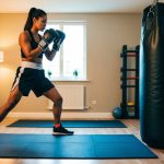 A home gym with a punching bag, gloves, and workout mat. A person is seen practicing boxing drills and combos