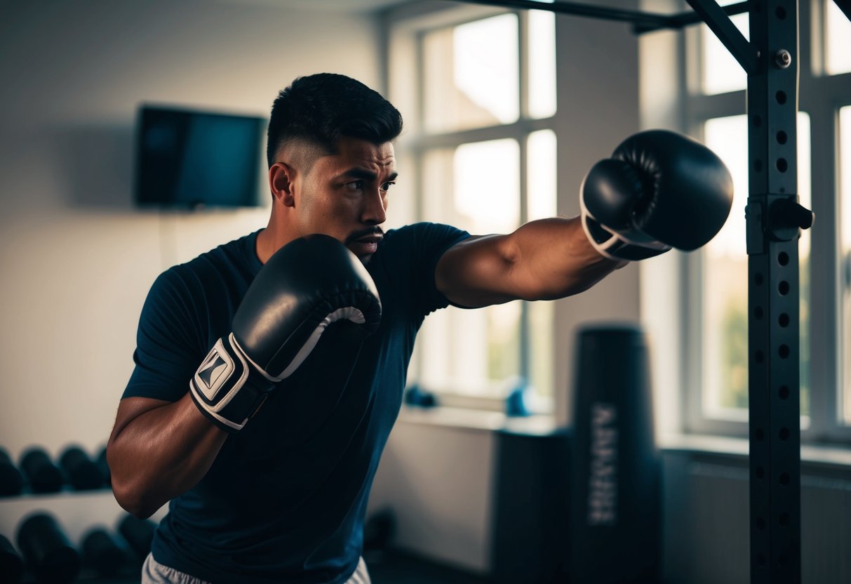 A boxer practicing punching techniques in a home gym, focused and determined. Shadowboxing with precision and power