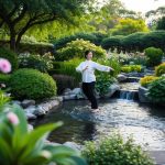 A serene garden with a flowing stream, surrounded by lush greenery and blooming flowers. A figure gracefully performing Tai Chi and Qigong movements in the center