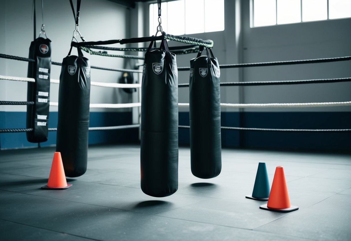 A boxing ring with training equipment, speed bags, and agility cones set up for drills and combos