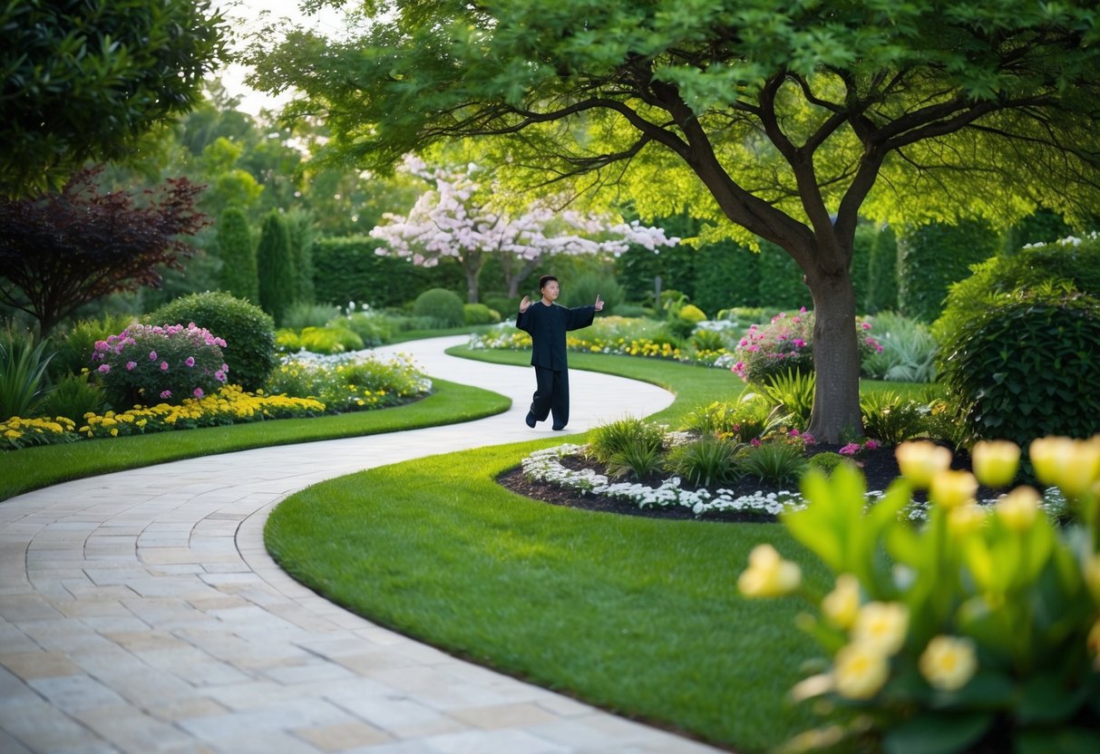 A serene garden with a winding path, surrounded by lush greenery and blooming flowers. A figure practices Tai Chi and Qigong under the shade of a peaceful tree