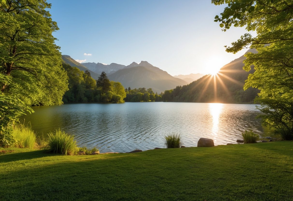 A serene outdoor setting with a peaceful lake, surrounded by lush greenery and mountains in the background. The sun is setting, casting a warm glow over the scene