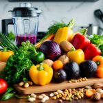 A colorful array of fresh vegetables, nuts, and legumes arranged on a wooden cutting board, surrounded by kitchen utensils and a blender