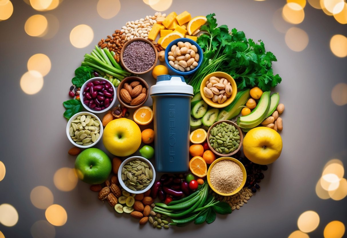 A colorful array of plant-based foods arranged around a protein shake bottle, including beans, nuts, seeds, and fruits