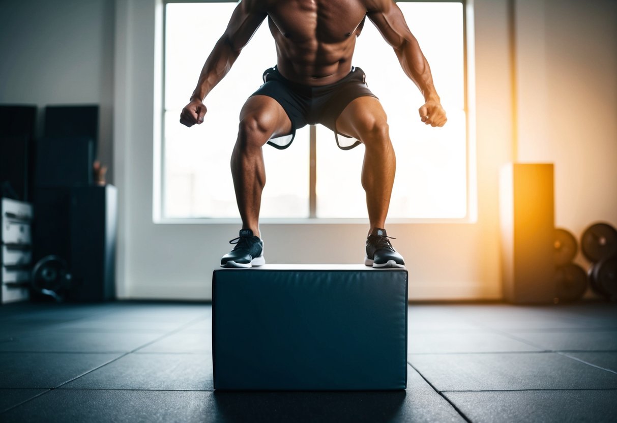 A person jumping onto a plyometric box with explosive power, muscles engaged