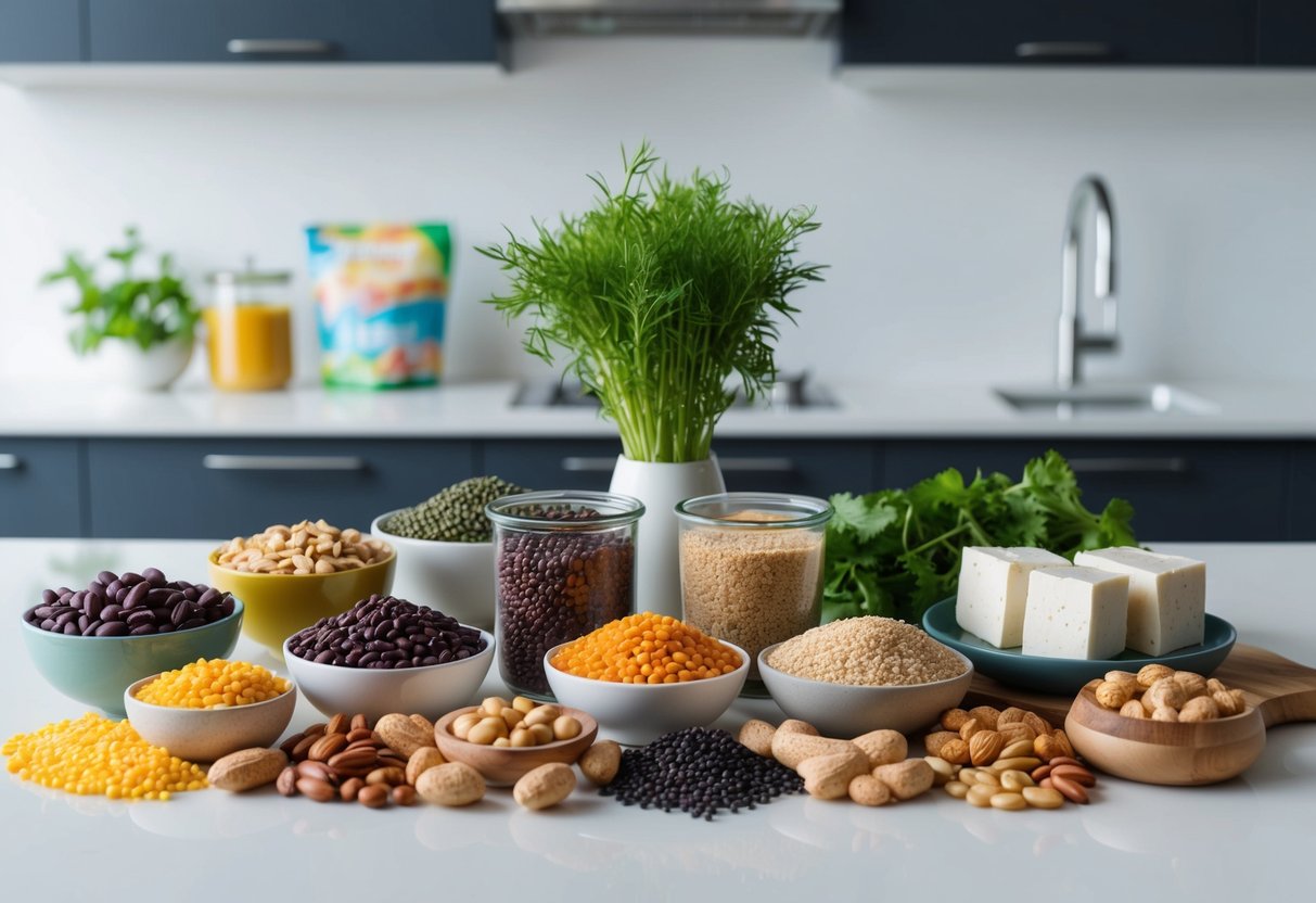 A colorful array of plant-based protein sources, including beans, lentils, quinoa, tofu, and nuts, arranged on a clean, modern kitchen counter