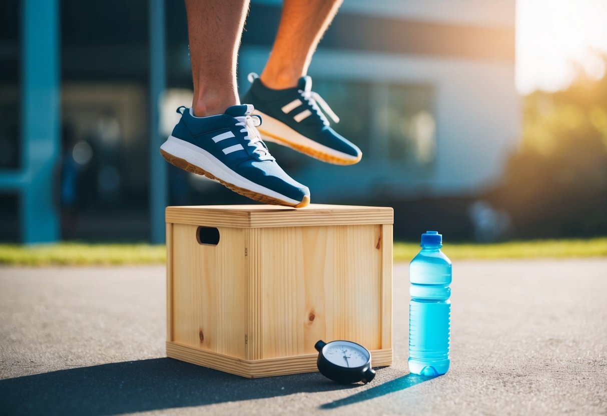 A person jumping onto a sturdy wooden box, with a stopwatch nearby and a water bottle on the ground