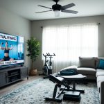 A living room with a large TV screen showing a virtual fitness class. A person's workout equipment is neatly organized nearby