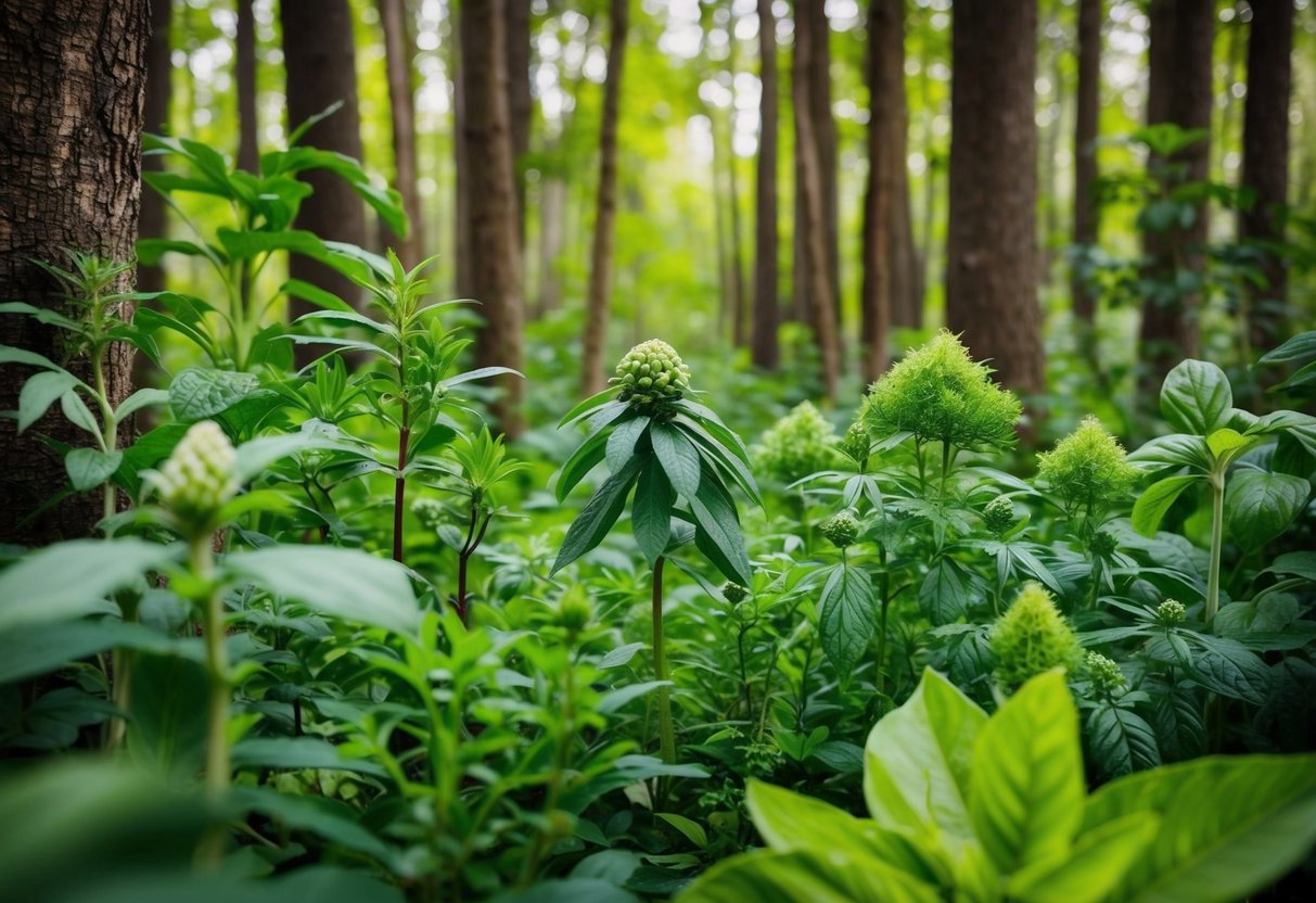 A lush forest with various herbs growing among the trees and foliage, showcasing adaptogenic plants like ashwagandha, rhodiola, and holy basil