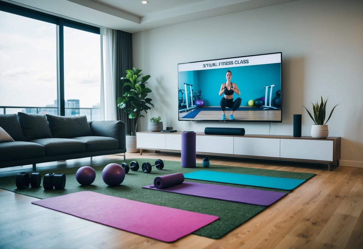 A modern living room with a large TV screen showing a virtual fitness class. Various workout equipment and yoga mats are scattered on the floor