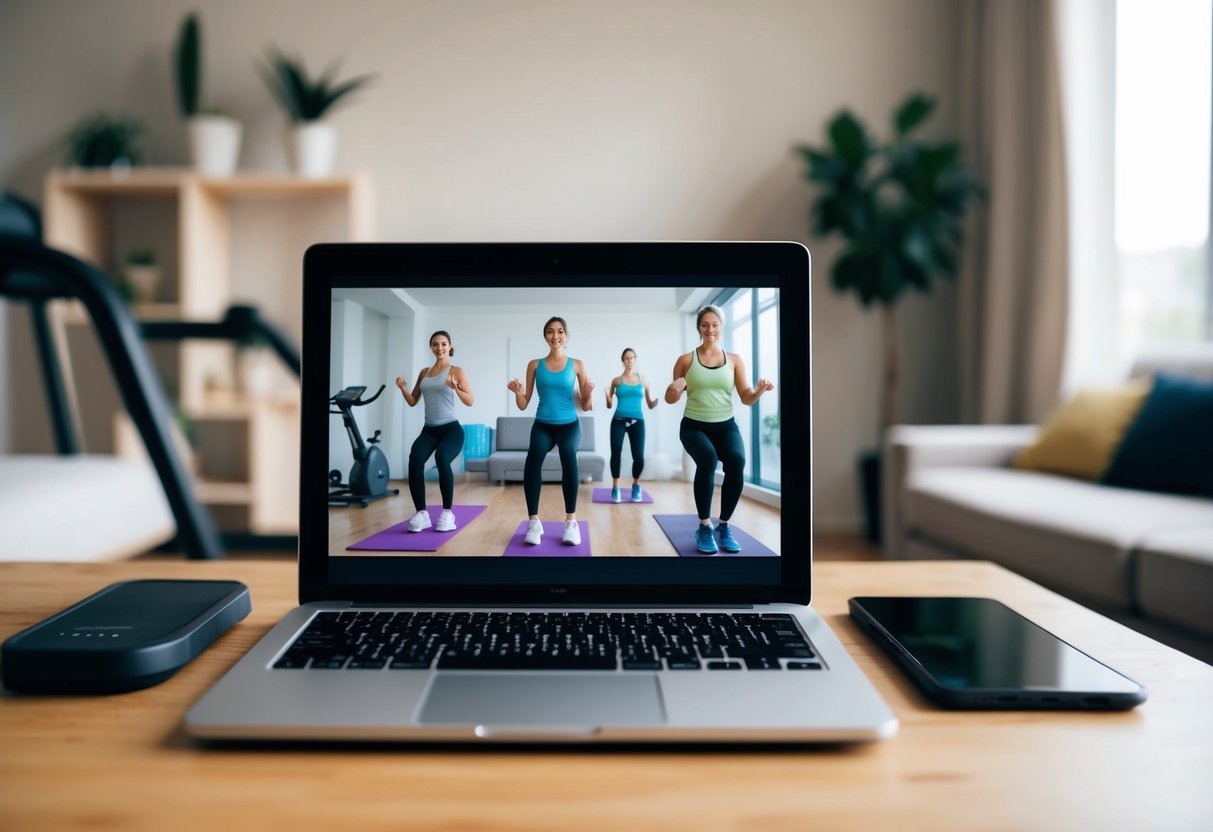 A laptop or tablet displaying a virtual fitness class with exercise equipment nearby and a comfortable home environment