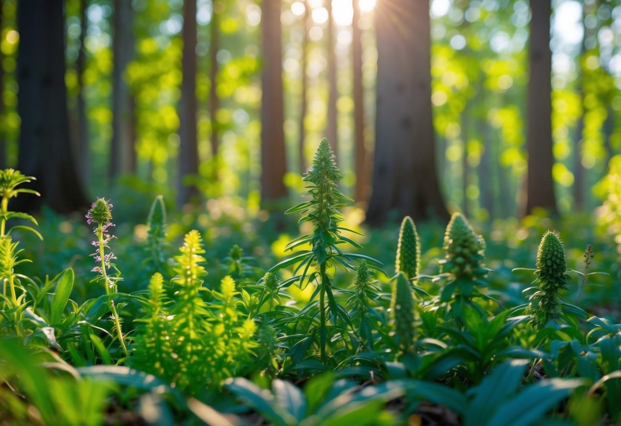 A tranquil forest clearing with various adaptogenic herbs growing amidst dappled sunlight, surrounded by a sense of calm and relaxation