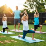 A family of four exercises in their backyard: parents lead a yoga session while children play hopscotch and jump rope nearby