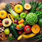 A colorful array of fresh fruits, vegetables, nuts, and whole grains arranged on a wooden table, with a variety of herbs and spices scattered around