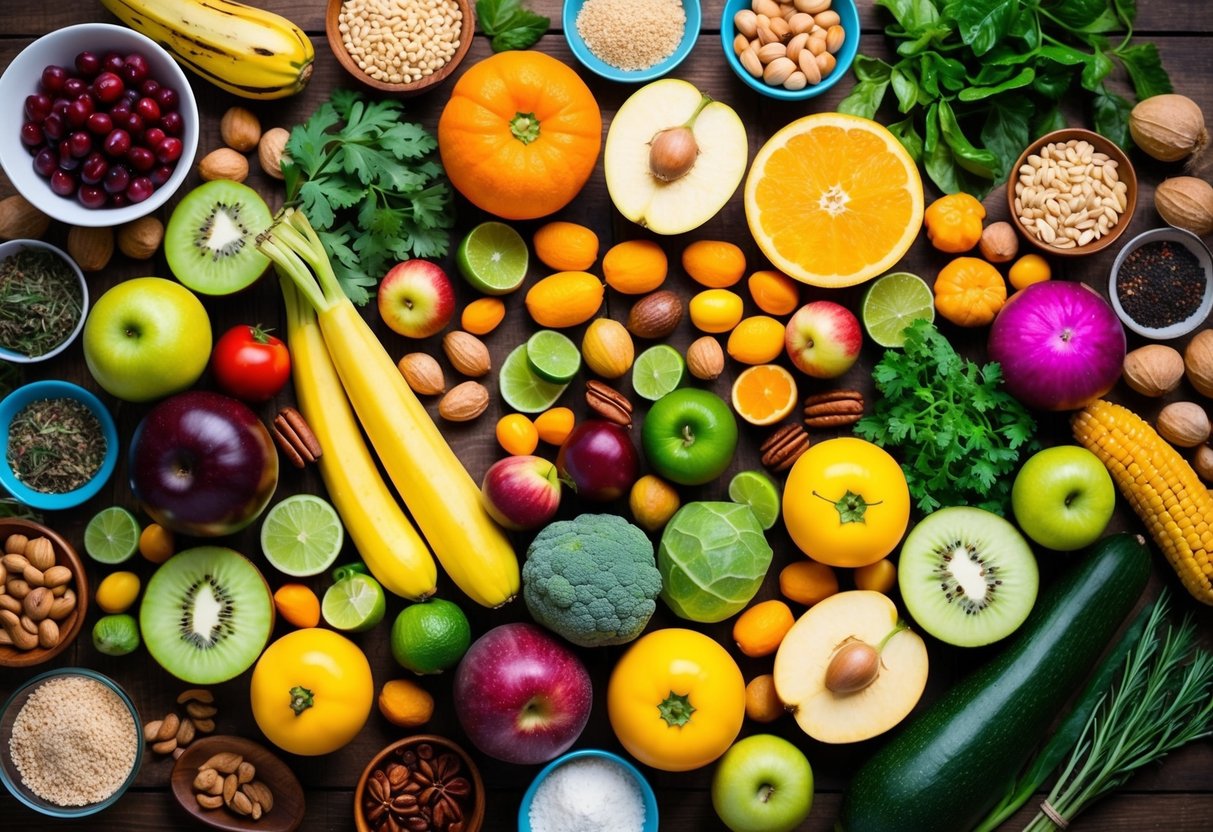 A vibrant array of colorful fruits, vegetables, nuts, and whole grains arranged on a wooden table, with a variety of herbs and spices scattered around