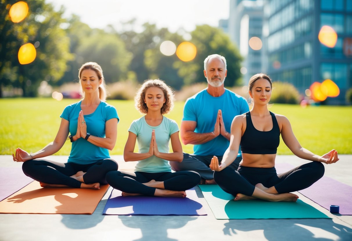 A family of four practices yoga and mindfulness together in a sunny, open space with colorful mats and props