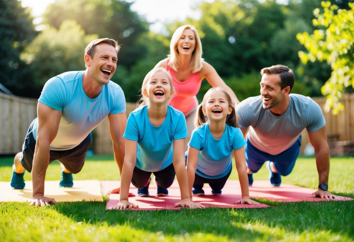 A family of four performs bodyweight exercises together in a sunny backyard, doing push-ups, squats, and planks. Laughter and encouragement fill the air