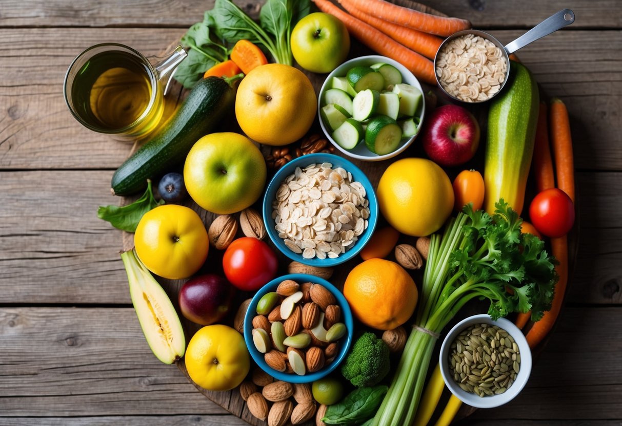 A colorful array of fresh fruits, vegetables, nuts, and seeds arranged on a rustic wooden table, with a bowl of oatmeal and a glass of green tea