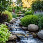 A serene garden with a flowing stream, lush greenery, and a peaceful meditation area