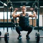 A person wearing a weighted vest while performing various exercises such as squats, lunges, and push-ups in a gym setting