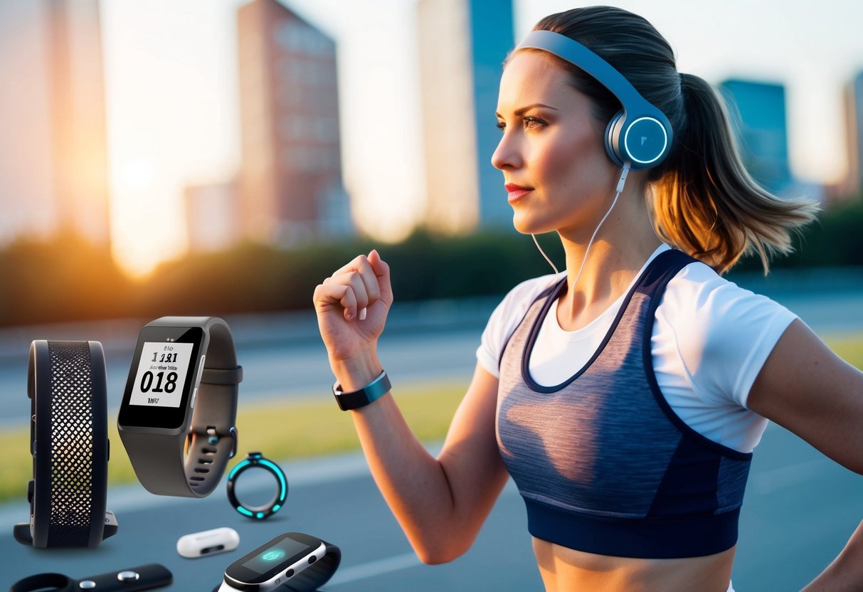 A person wearing a fitness tracker while jogging, with a smartwatch and headphones, surrounded by various wearable technology devices