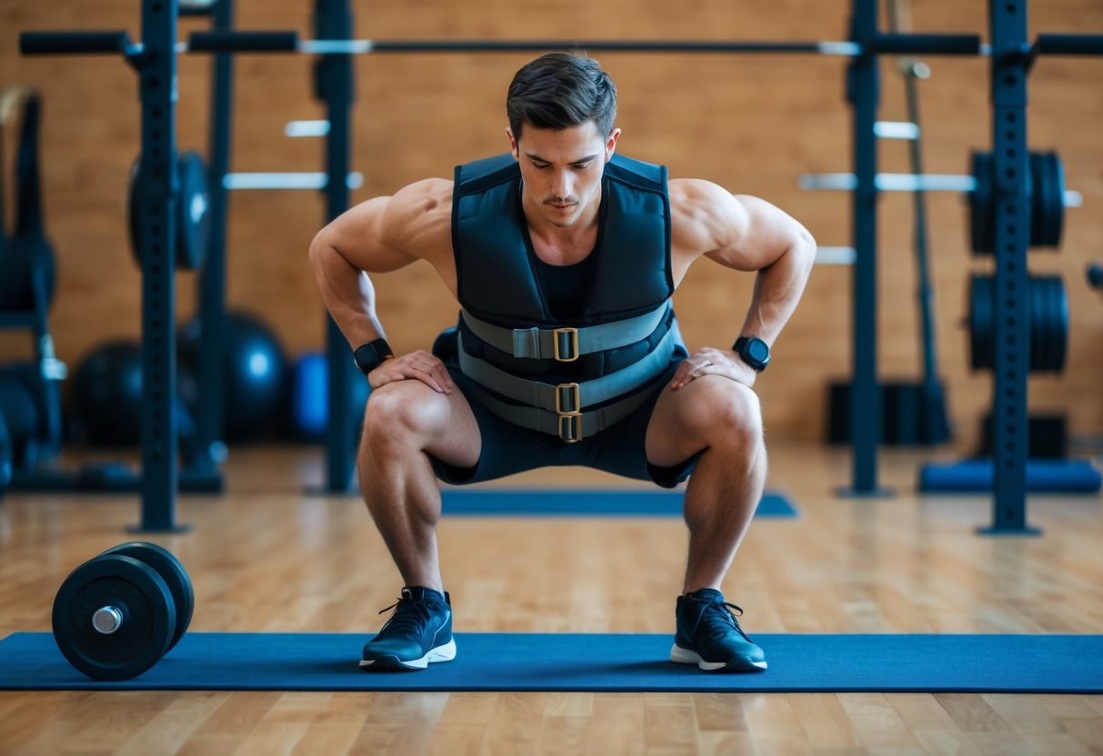 A person wearing a weighted vest while performing various exercises such as squats, lunges, and push-ups in a gym setting