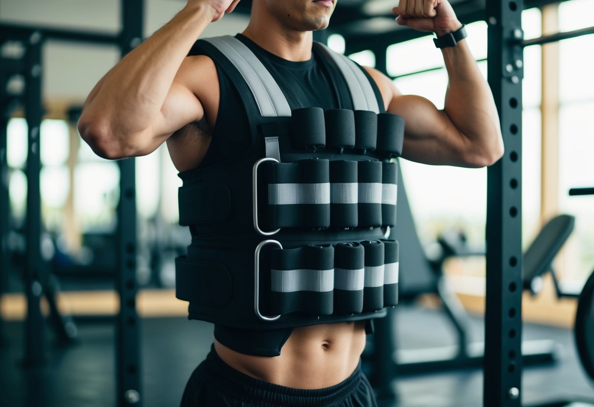 A person wearing a weighted vest is performing lower body and core strength exercises in a gym setting